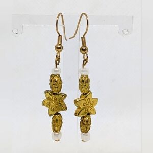 Vintage Handmade Gold Tone Floral Earrings Pearly White Beads Boho Cottagecore